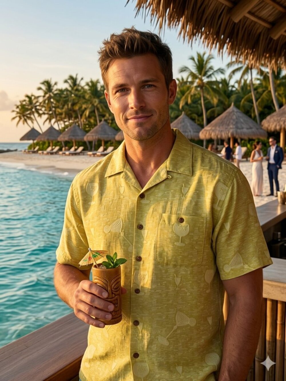 Paradise Cove Men's XL 100% Silk Camp Shirt Yellow Green Cocktail Novelty Print